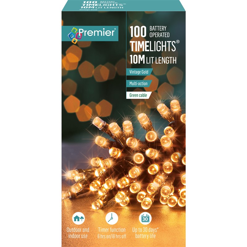 Time Lights MultiAction Timer Battery Operated 100 LED Vintage Gold