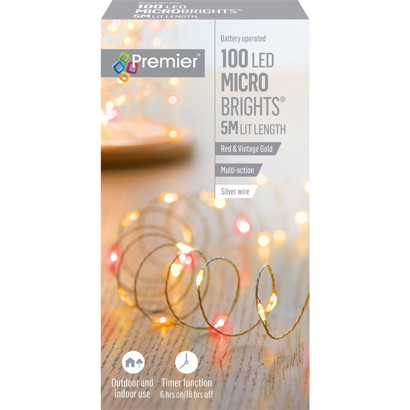 MicroBrights MultiAction Battery Operated 100 LED Red Vintage Gold