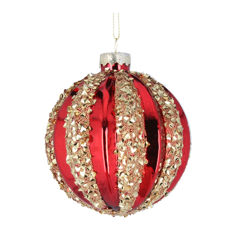 Shiny Red/Gold Sparkle Ribbed Glass Ball