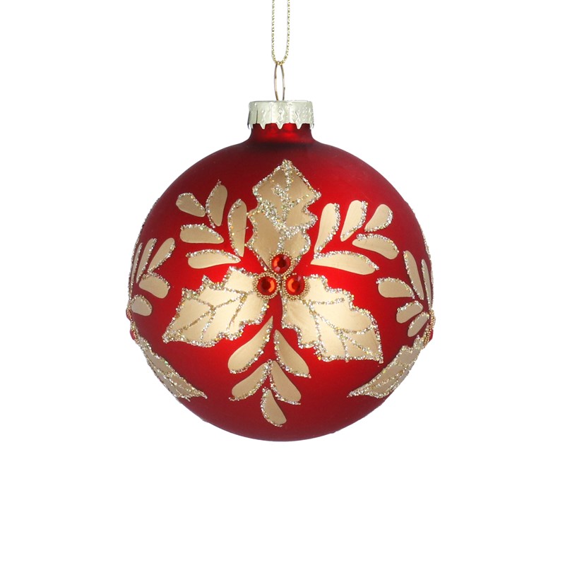 Red Glass Ball with Matt Gold Holly Diamante